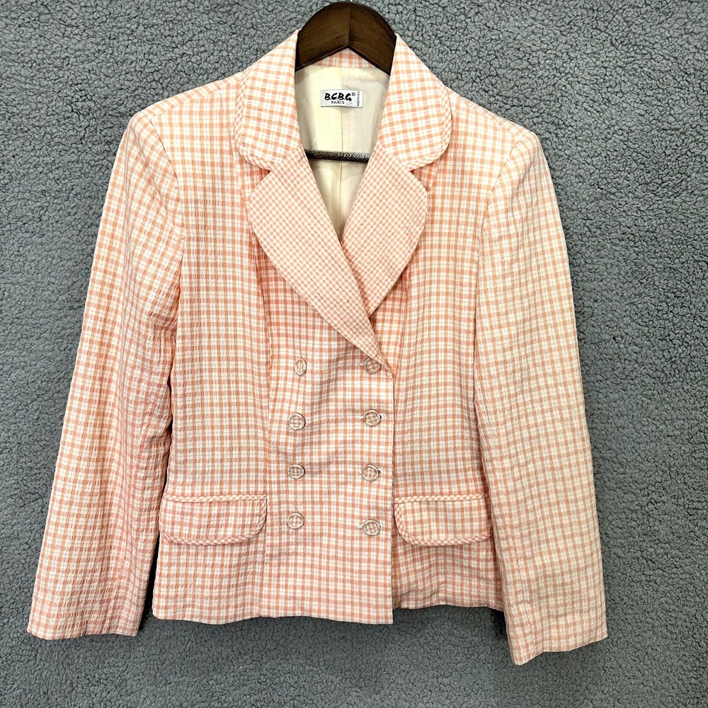BCBG Paris Blazer Women M Orange Gingham Double Breasted Seersucker Plaid Jacket